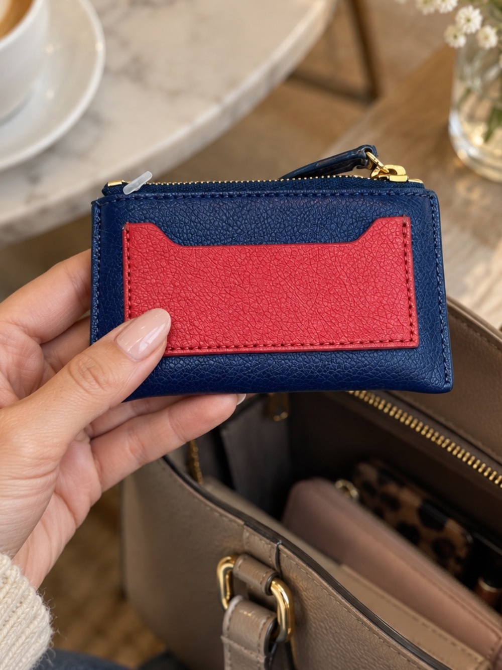 J.Crew Leather Colorblock Zip Card Holder Coin Pouch Wallet Blue Red